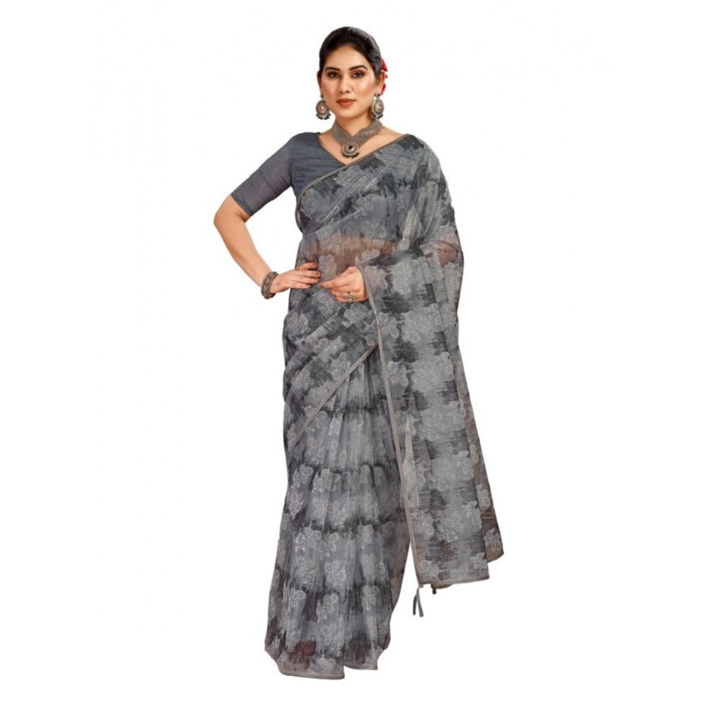 Generic Women's Linen Floral Printed Saree With Unstitched Blouse (Grey, 5-6 Mtrs) - Noble Nook