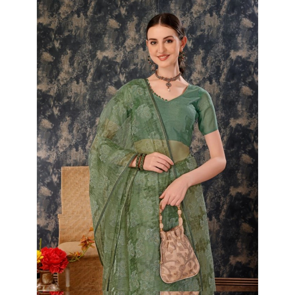 Generic Women's Linen Floral Printed Saree With Unstitched Blouse (Green, 5-6 Mtrs) - Noble Nook