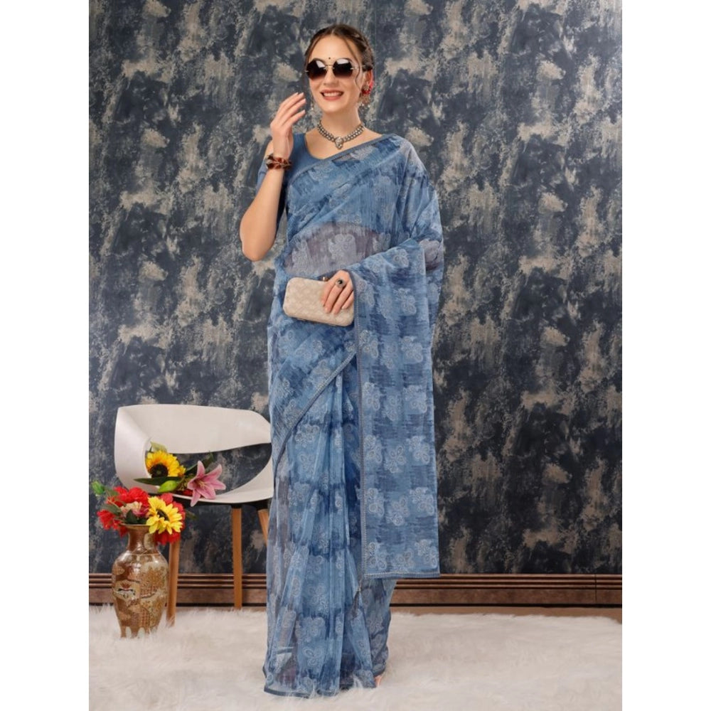 Generic Women's Linen Floral Printed Saree With Unstitched Blouse (Blue, 5-6 Mtrs) - Noble Nook