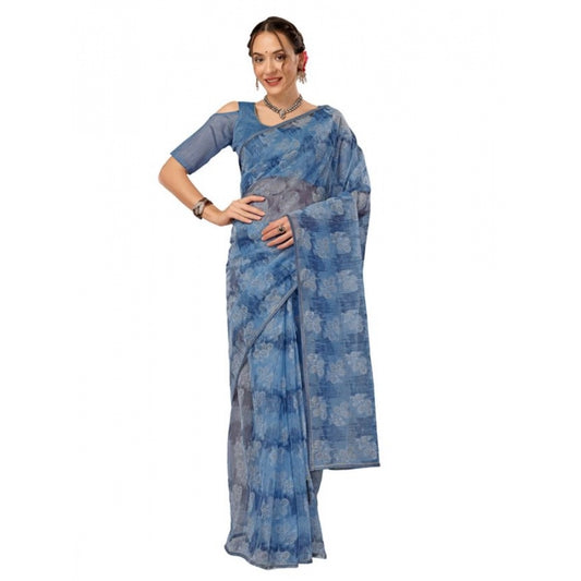 Generic Women's Linen Floral Printed Saree With Unstitched Blouse (Blue, 5-6 Mtrs) - Noble Nook