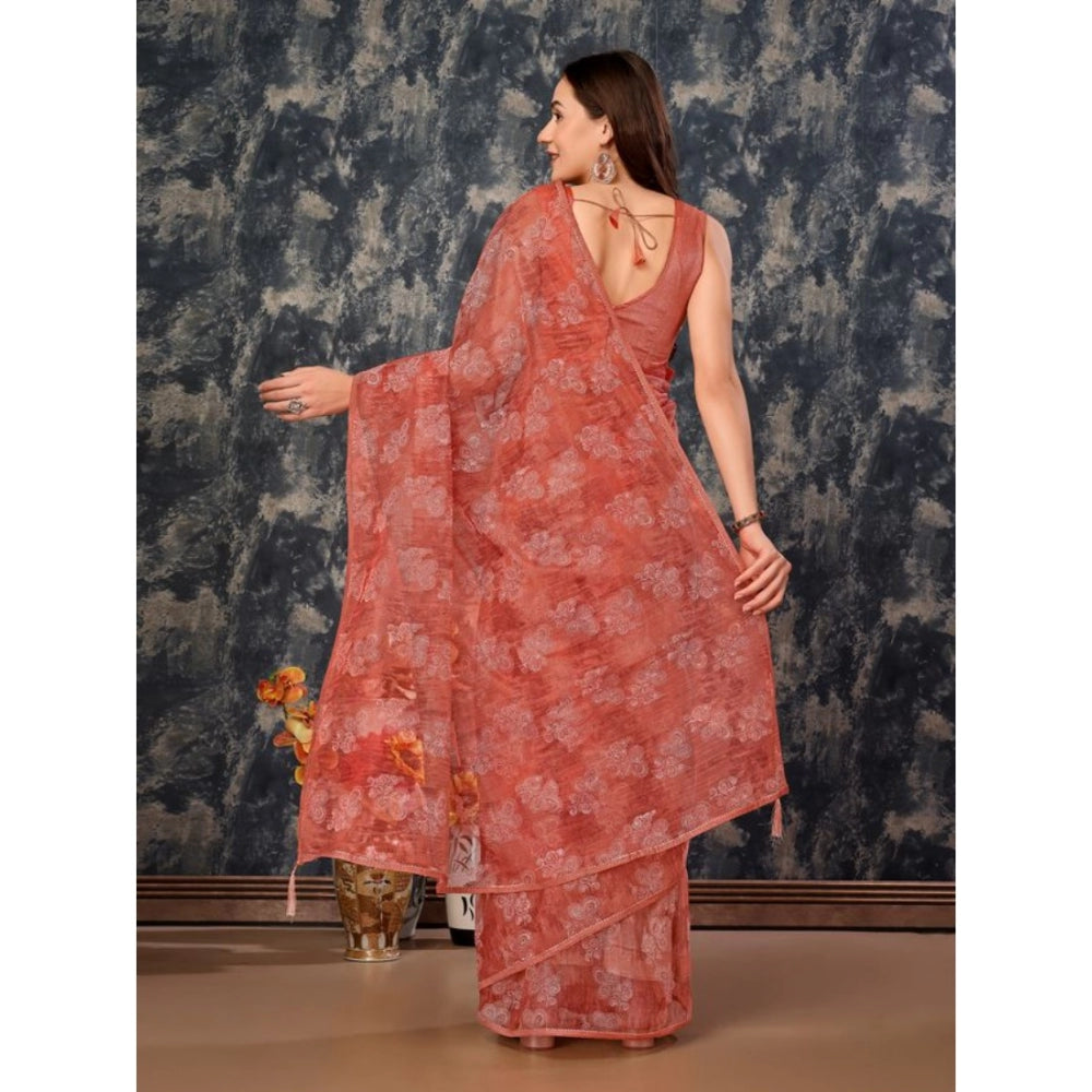 Generic Women's Linen Floral Printed Saree With Unstitched Blouse (Peach, 5-6 Mtrs) - Noble Nook