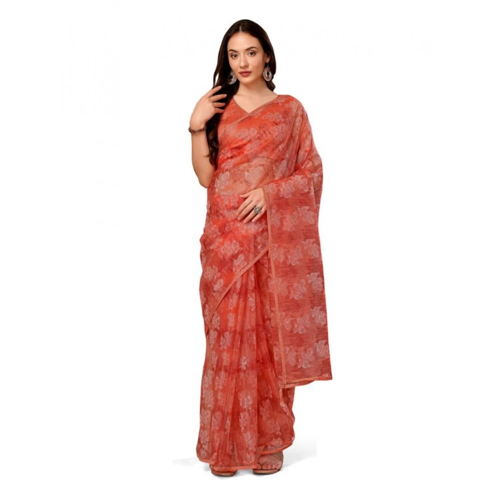 Generic Women's Linen Floral Printed Saree With Unstitched Blouse (Peach, 5-6 Mtrs) - Noble Nook