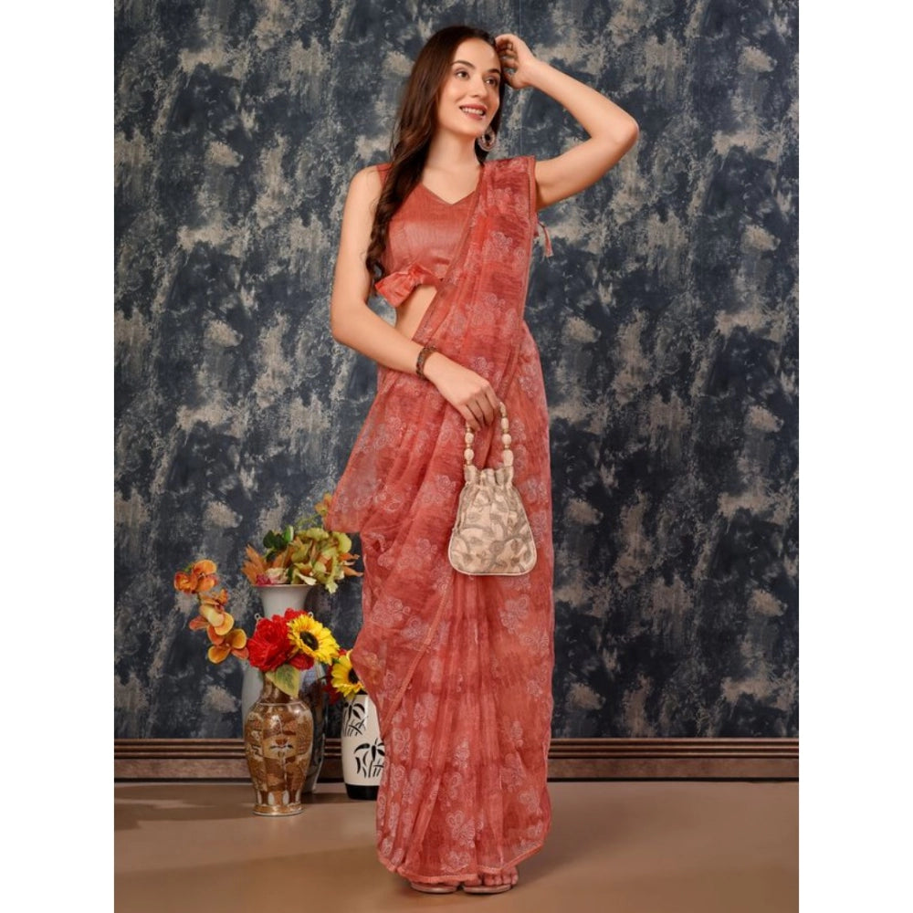 Generic Women's Linen Floral Printed Saree With Unstitched Blouse (Peach, 5-6 Mtrs) - Noble Nook