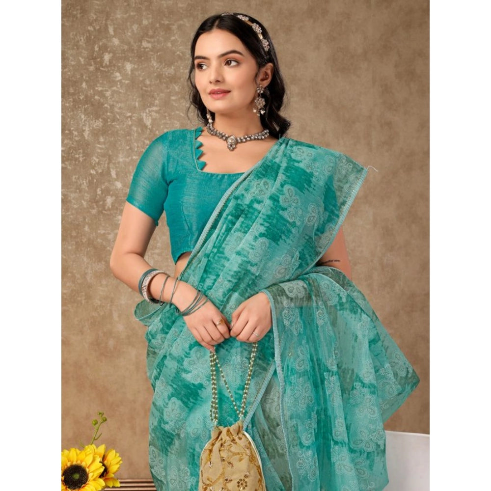 Generic Women's Linen Floral Printed Saree With Unstitched Blouse (Turquoise Green, 5-6 Mtrs) - Noble Nook