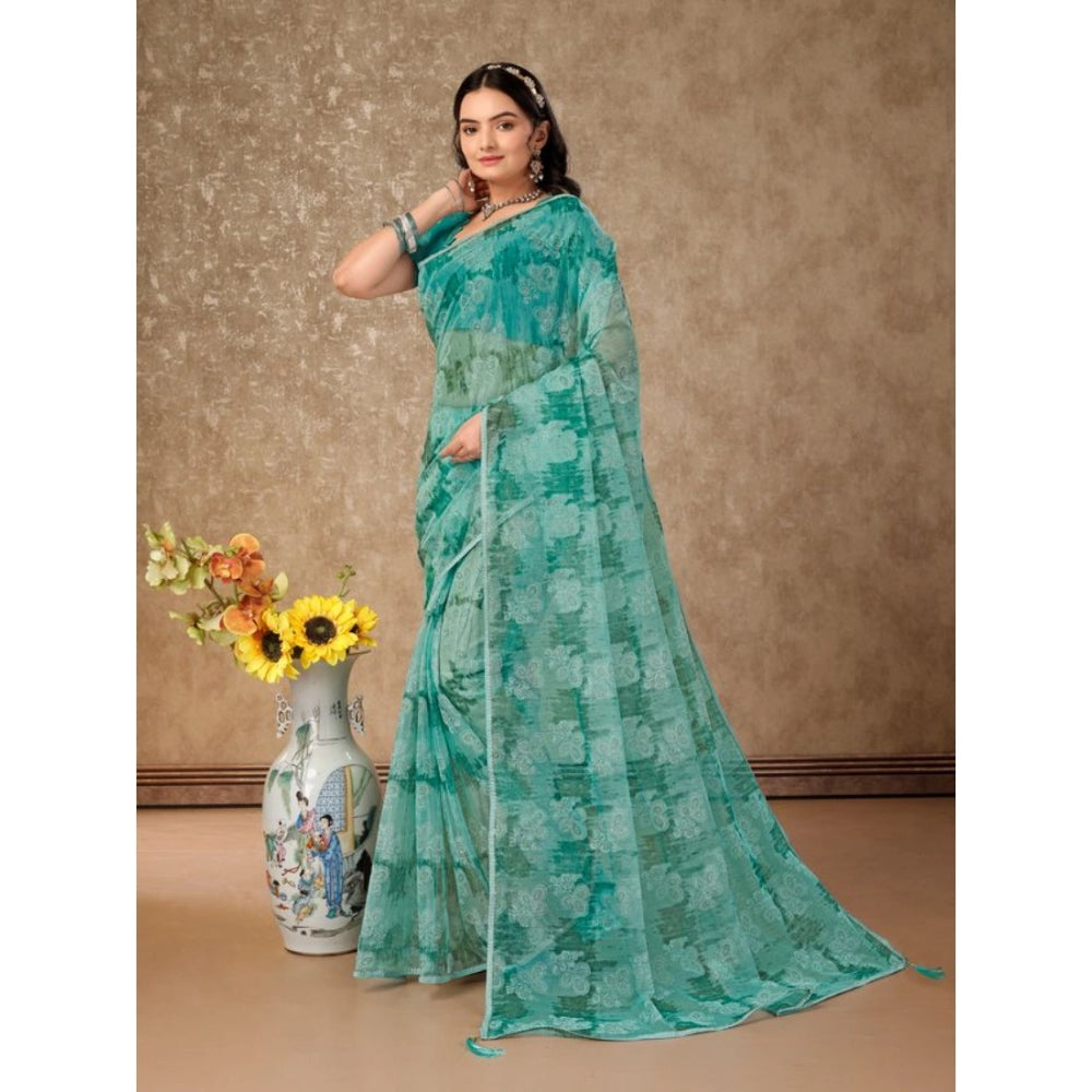 Generic Women's Linen Floral Printed Saree With Unstitched Blouse (Turquoise Green, 5-6 Mtrs) - Noble Nook