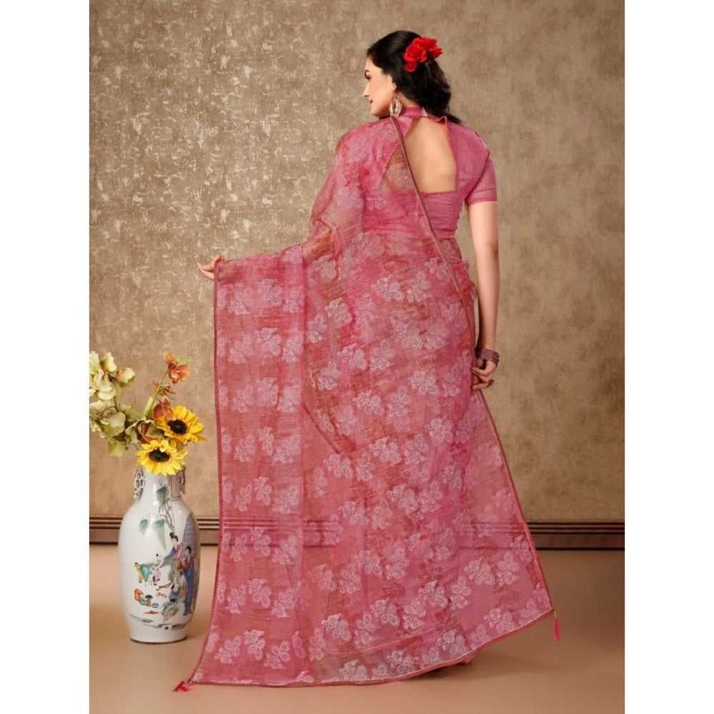 Generic Women's Linen Floral Printed Saree With Unstitched Blouse (Pink, 5-6 Mtrs) - Noble Nook