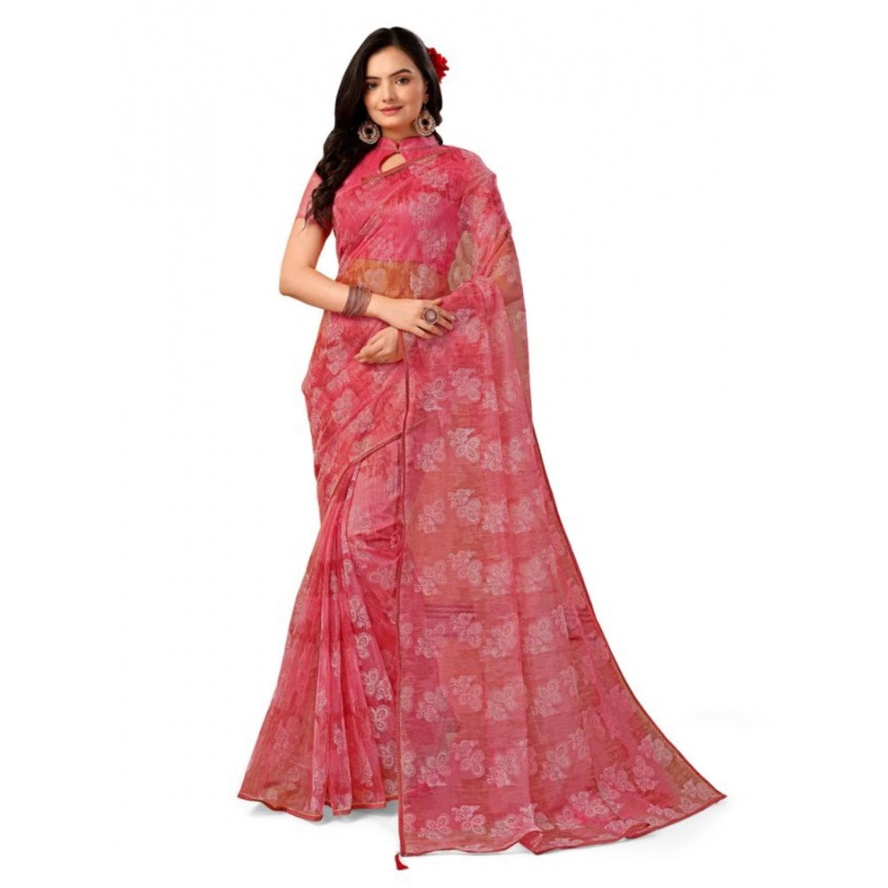 Generic Women's Linen Floral Printed Saree With Unstitched Blouse (Pink, 5-6 Mtrs) - Noble Nook