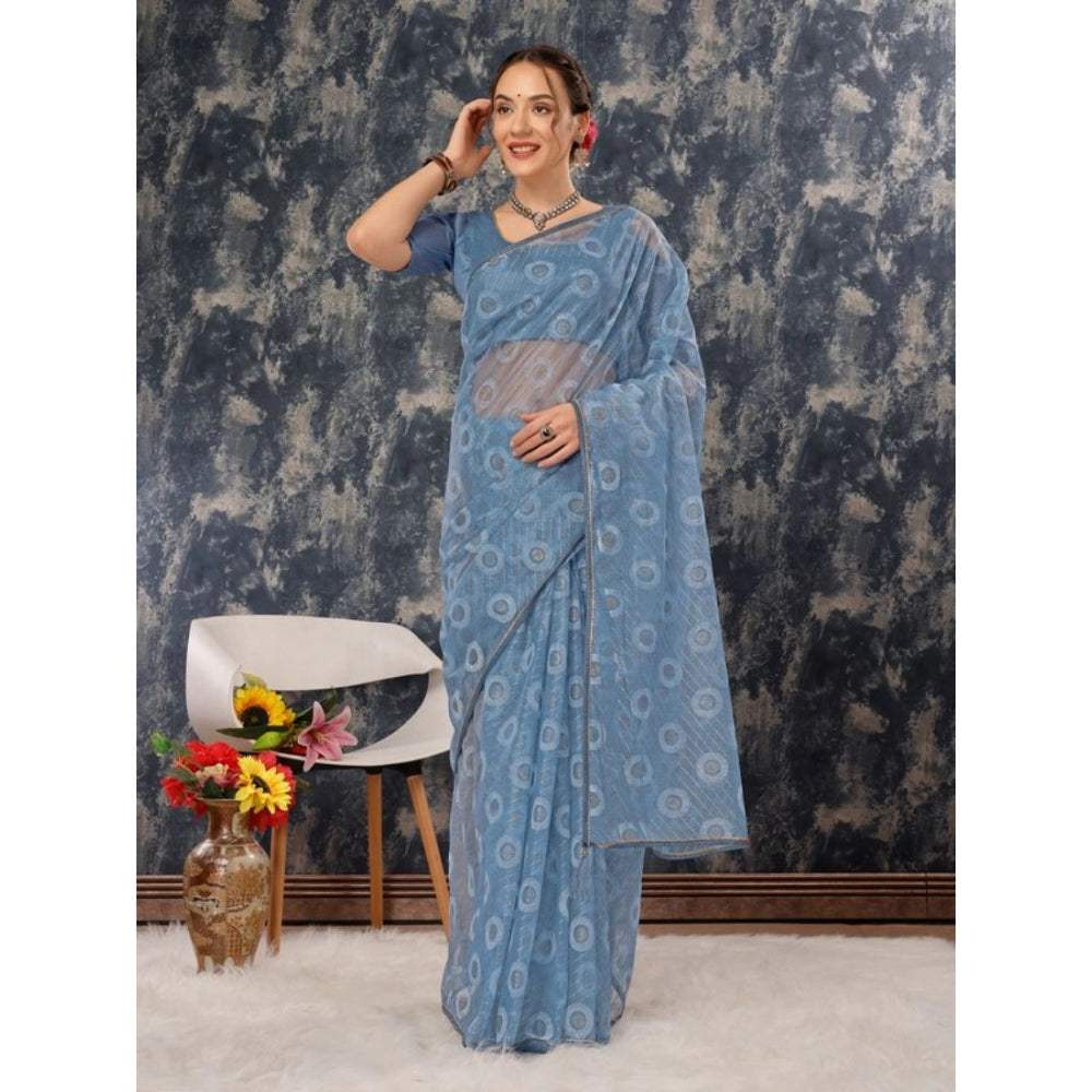 Generic Women's Linen Gola Printed Saree With Unstitched Blouse (Blue, 5-6 Mtrs) - Noble Nook