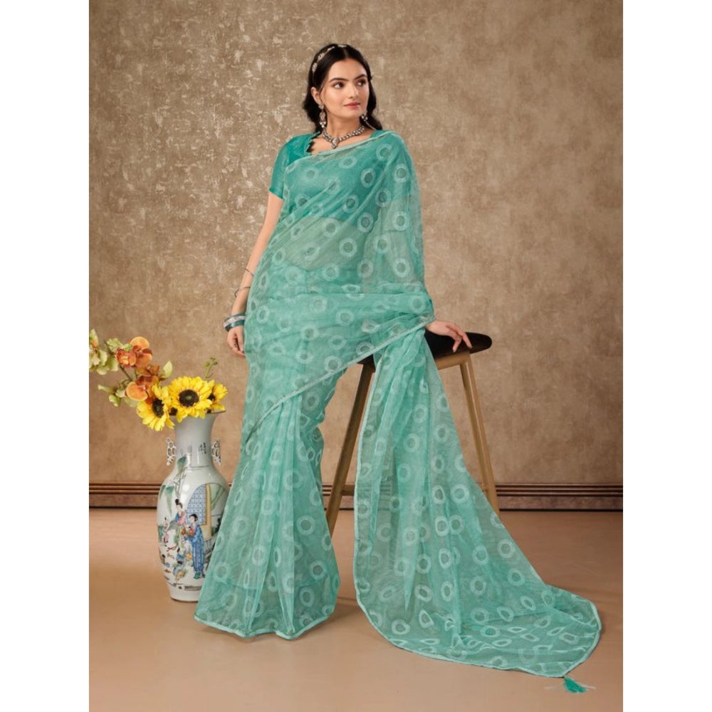 Generic Women's Linen Gola Printed Saree With Unstitched Blouse (Turquoise Green, 5-6 Mtrs) - Noble Nook