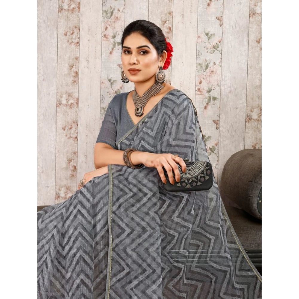 Generic Women's Linen Zig Zag Saree With Unstitched Blouse (Grey, 5-6 Mtrs) - Noble Nook