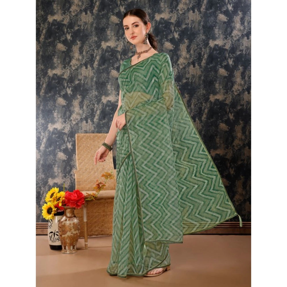 Generic Women's Linen Zig Zag Saree With Unstitched Blouse (Green, 5-6 Mtrs) - Noble Nook