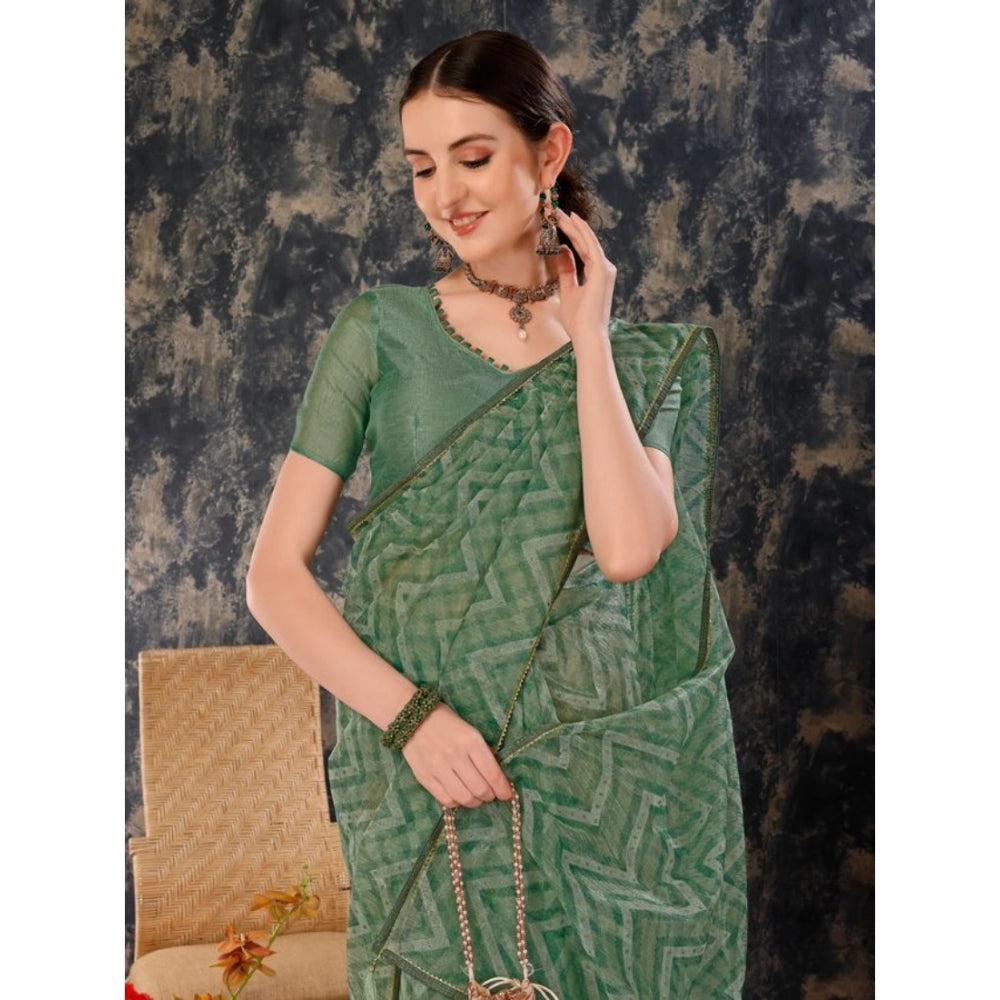 Generic Women's Linen Zig Zag Saree With Unstitched Blouse (Green, 5-6 Mtrs) - Noble Nook