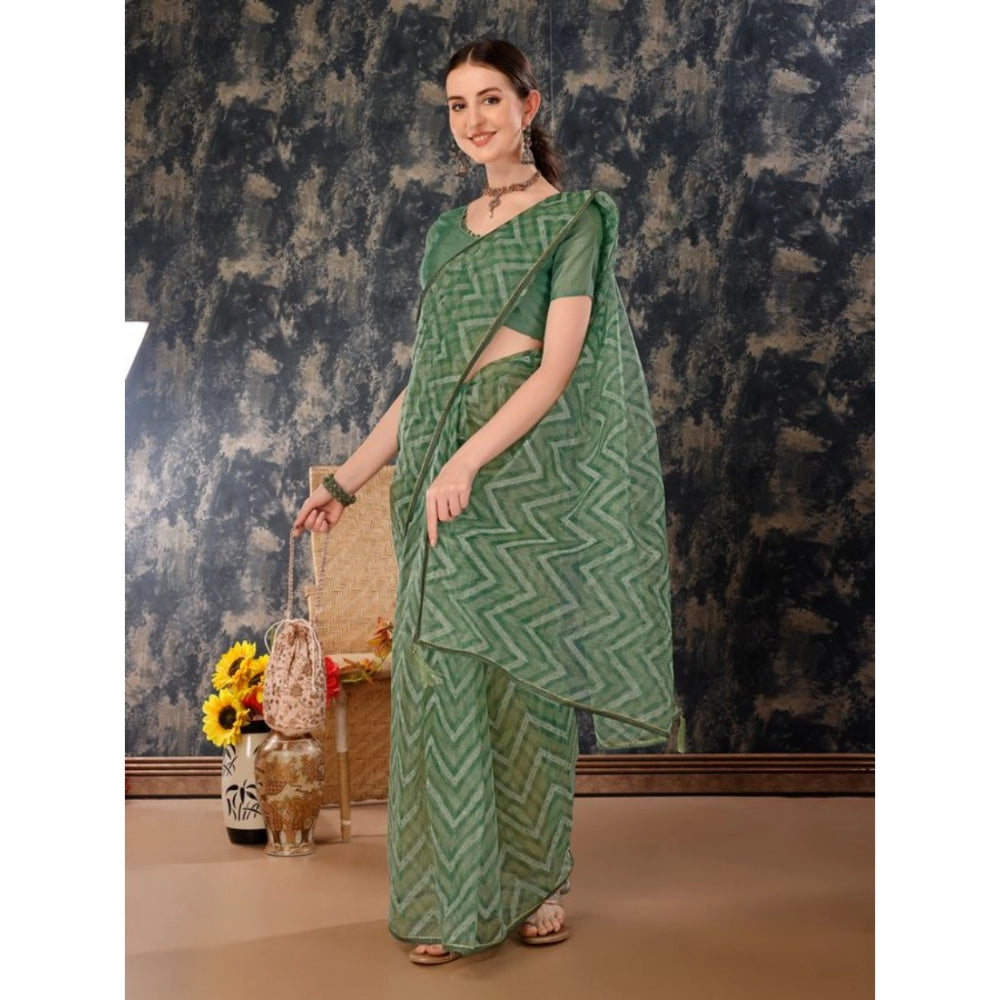 Generic Women's Linen Zig Zag Saree With Unstitched Blouse (Green, 5-6 Mtrs) - Noble Nook