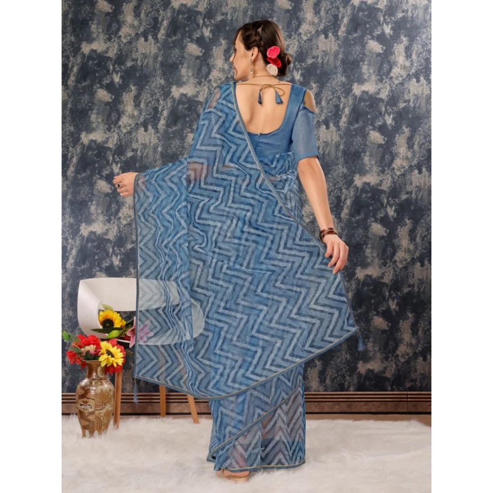 Generic Women's Linen Zig Zag Saree With Unstitched Blouse (Blue, 5-6 Mtrs) - Noble Nook