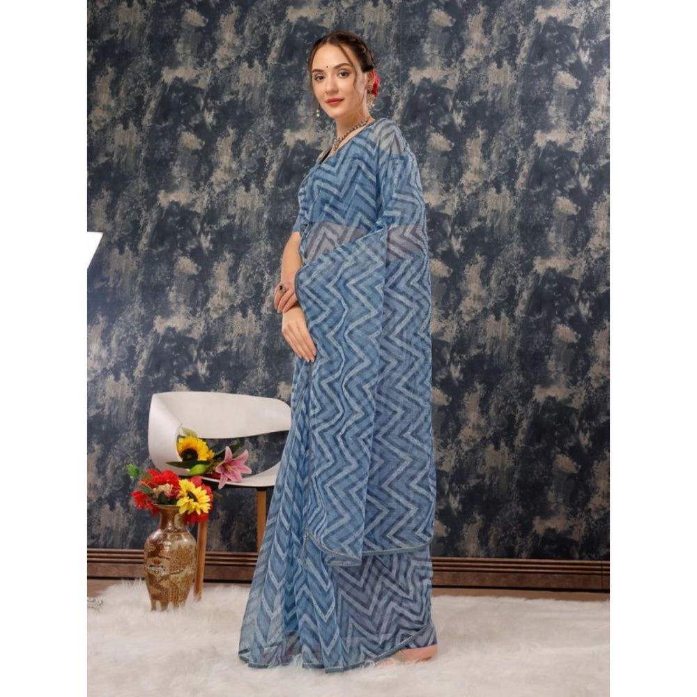 Generic Women's Linen Zig Zag Saree With Unstitched Blouse (Blue, 5-6 Mtrs) - Noble Nook