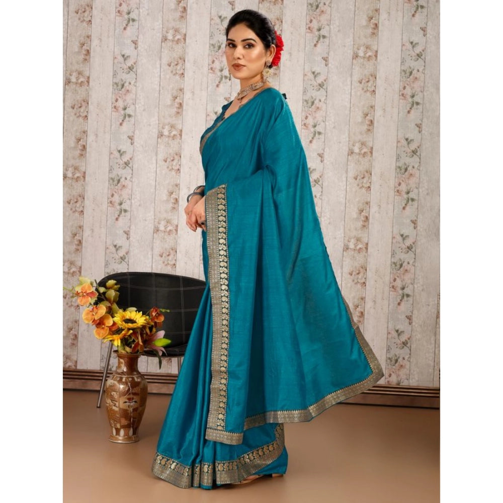 Generic Women's Vichitra Plain Saree With Unstitched Blouse (Blue, 5-6 Mtrs) - Noble Nook