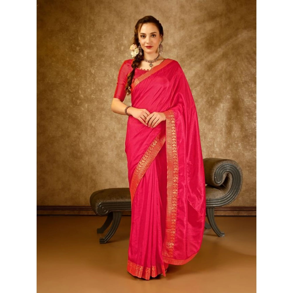 Generic Women's Vichitra Plain Saree With Unstitched Blouse (Pink, 5-6 Mtrs) - Noble Nook