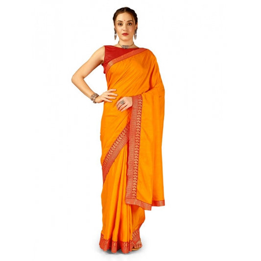 Generic Women's Vichitra Plain Saree With Unstitched Blouse (Yellow, 5-6 Mtrs) - Noble Nook