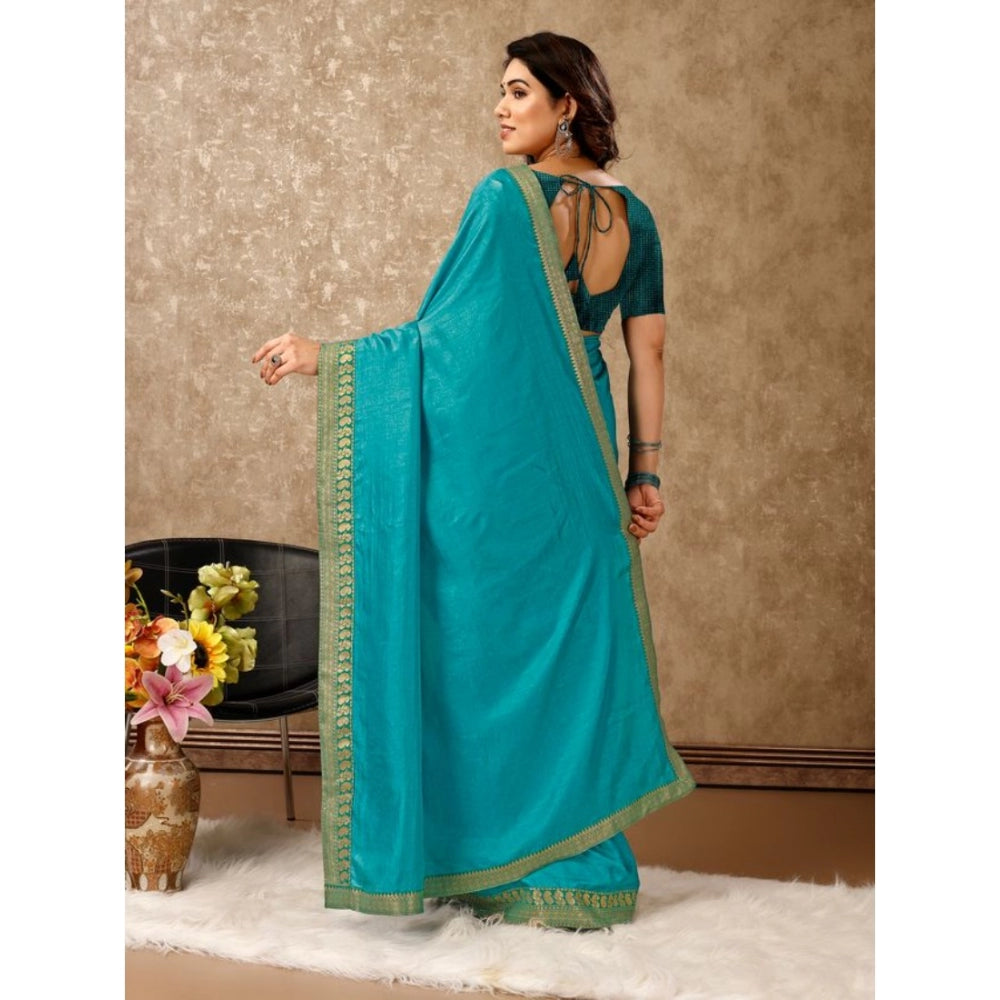 Generic Women's Vichitra Plain Saree With Unstitched Blouse (Teal Blue, 5-6 Mtrs) - Noble Nook