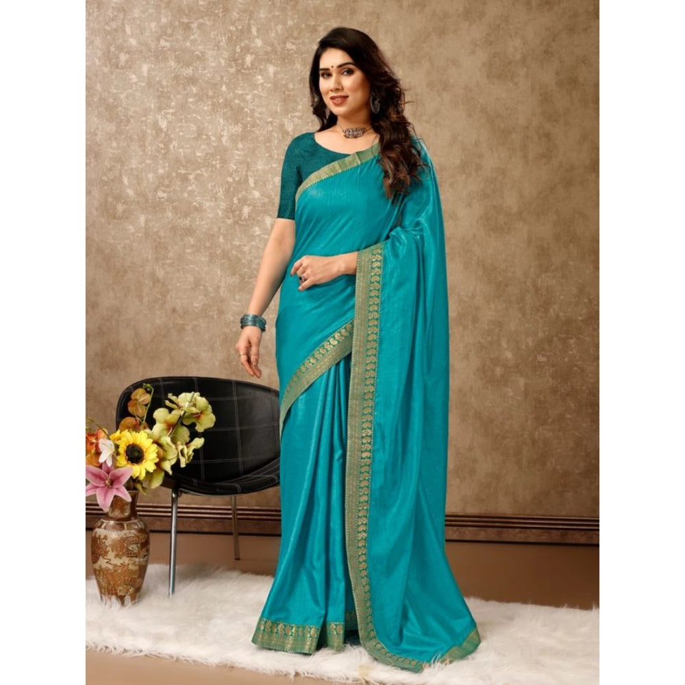 Generic Women's Vichitra Plain Saree With Unstitched Blouse (Teal Blue, 5-6 Mtrs) - Noble Nook