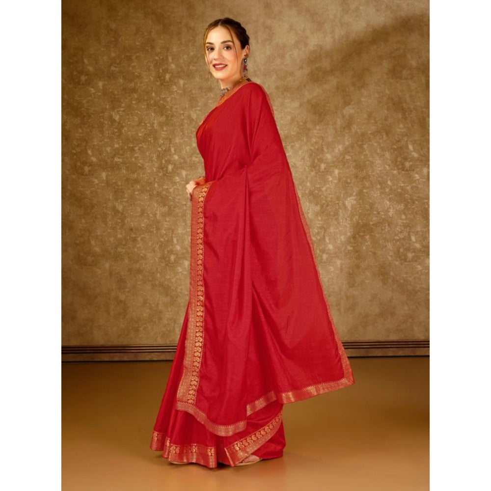 Generic Women's Vichitra Plain Saree With Unstitched Blouse (Red, 5-6 Mtrs) - Noble Nook