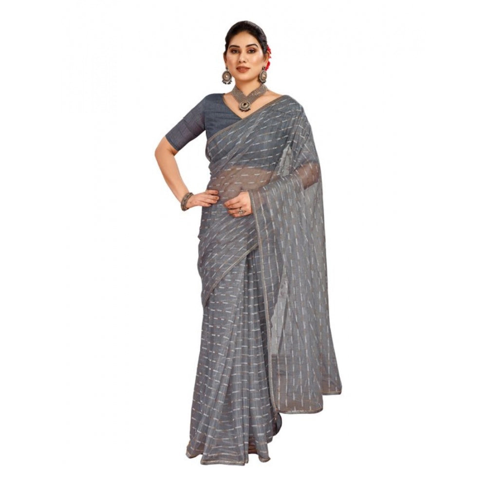 Generic Women's Linen Line Saree With Unstitched Blouse (Grey, 5-6 Mtrs) - Noble Nook