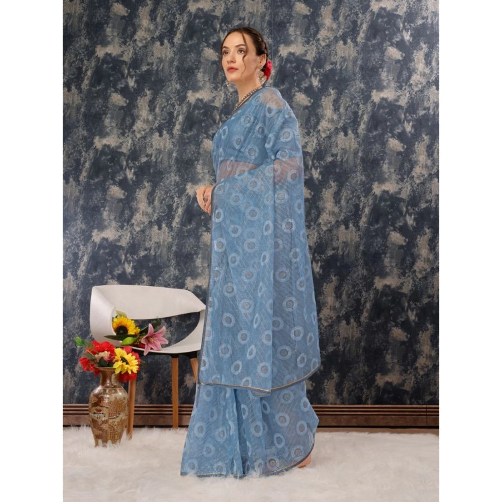 Generic Women's Linen Line Saree With Unstitched Blouse (Sky Blue, 5-6 Mtrs) - Noble Nook