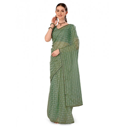 Generic Women's Linen Line Saree With Unstitched Blouse (Green, 5-6 Mtrs) - Noble Nook