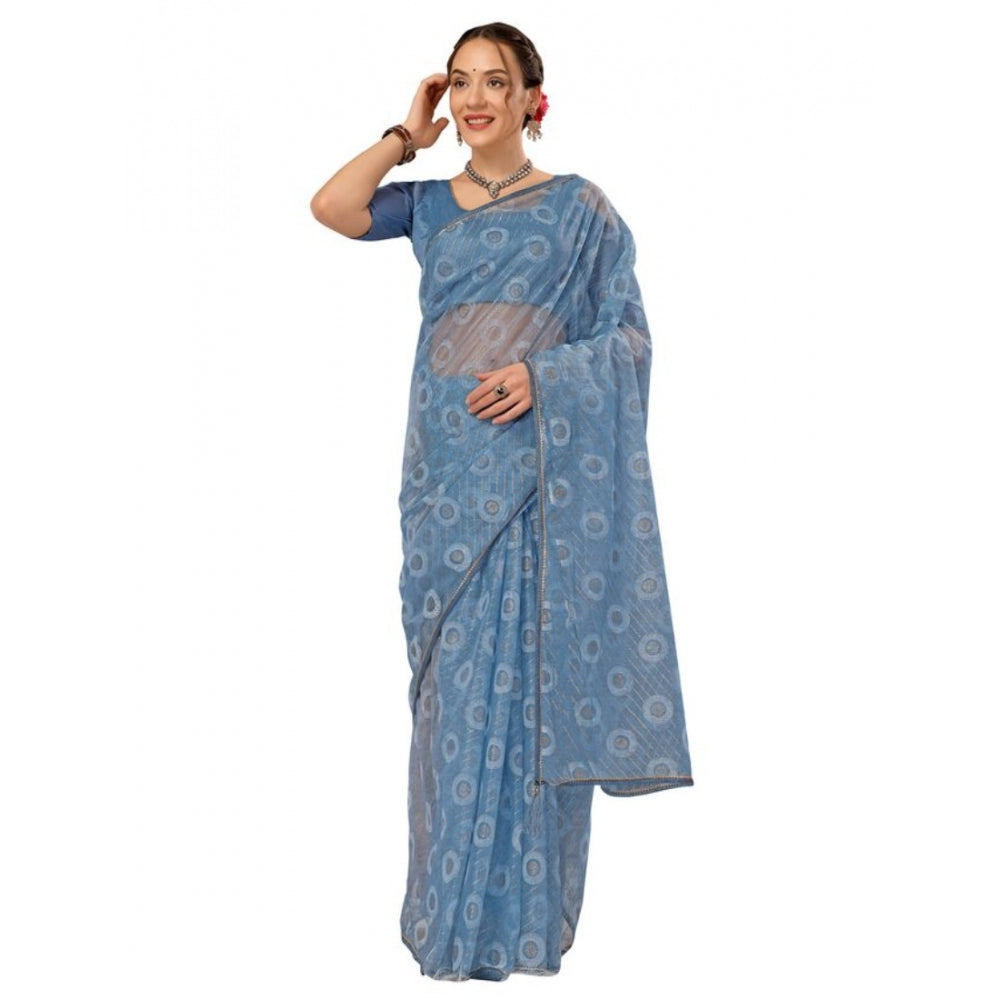 Generic Women's Linen Line Saree With Unstitched Blouse (Sky Blue, 5-6 Mtrs) - Noble Nook