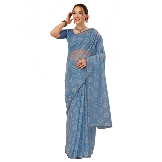 Generic Women's Linen Line Saree With Unstitched Blouse (Sky Blue, 5-6 Mtrs) - Noble Nook