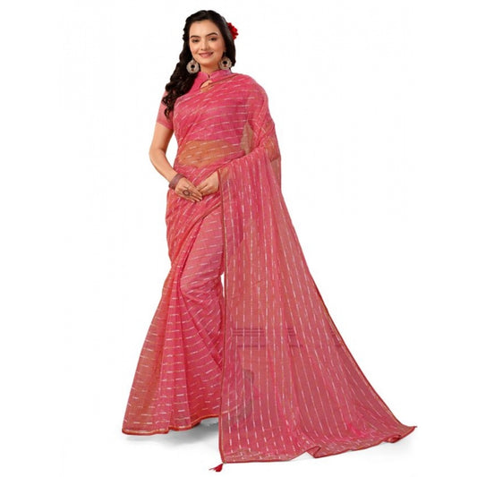 Generic Women's Linen Line Saree With Unstitched Blouse (Pink, 5-6 Mtrs) - Noble Nook