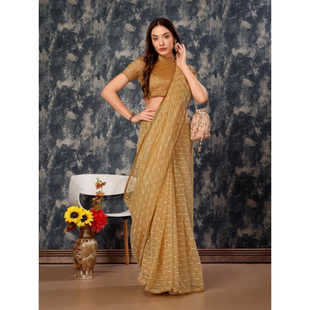 Generic Women's Linen Line Saree With Unstitched Blouse (Beige, 5-6 Mtrs) - Noble Nook