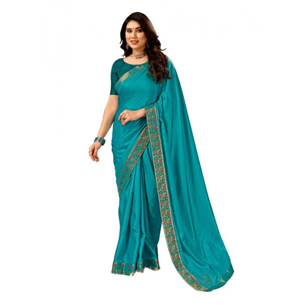 Generic Women's Vichitra Swiroshki Butta Saree With Unstitched Blouse (Turquoise Blue, 5-6 Mtrs) - Noble Nook