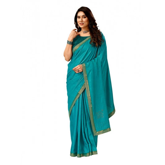 Generic Women's Vichitra Swiroshki Butta Saree With Unstitched Blouse (Teal Blue, 5-6 Mtrs) - Noble Nook