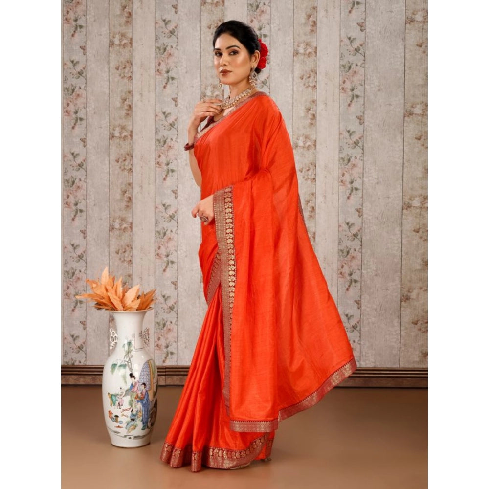 Generic Women's Vichitra Plain Saree With Unstitched Blouse (Orange, 5-6 Mtrs) - Noble Nook