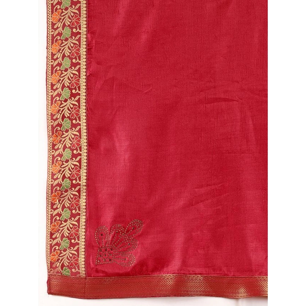 Generic Women's Vichitra Swiroshki Butta Saree With Unstitched Blouse (Maroon, 5-6 Mtrs) - Noble Nook