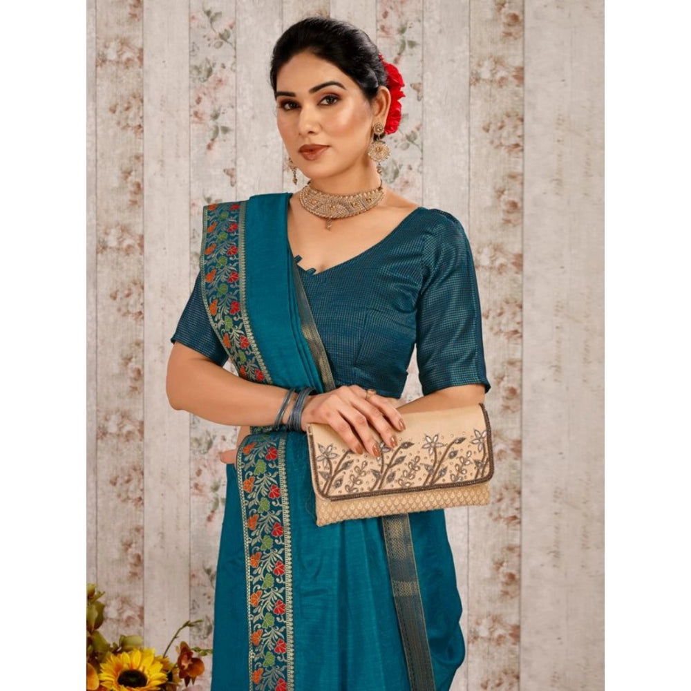 Generic Women's Vichitra Swiroshki Butta Saree With Unstitched Blouse (Teal Blue, 5-6 Mtrs) - Noble Nook