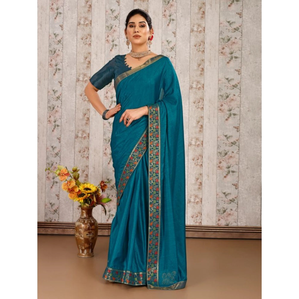 Generic Women's Vichitra Swiroshki Butta Saree With Unstitched Blouse (Teal Blue, 5-6 Mtrs) - Noble Nook