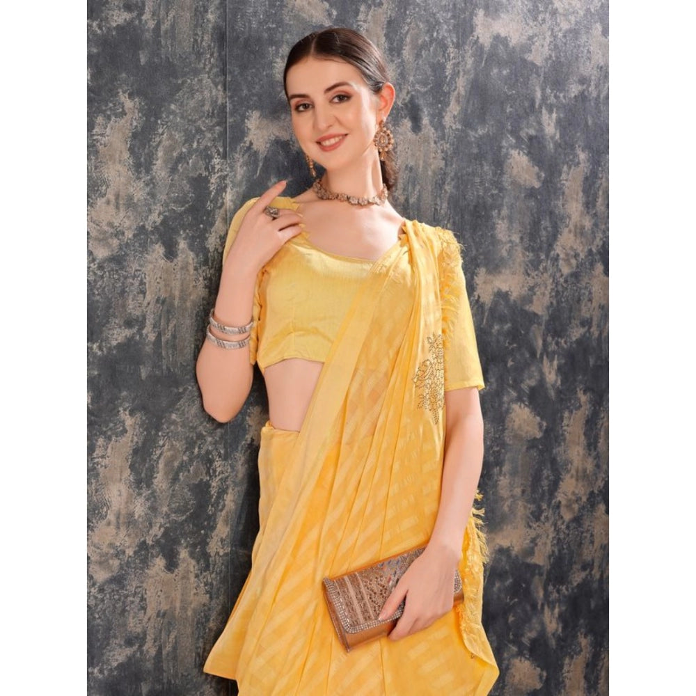 Generic Women's Chiffon Fabric Line Saree With Unstitched Blouse (Yellow, 5-6 Mtrs) - Noble Nook