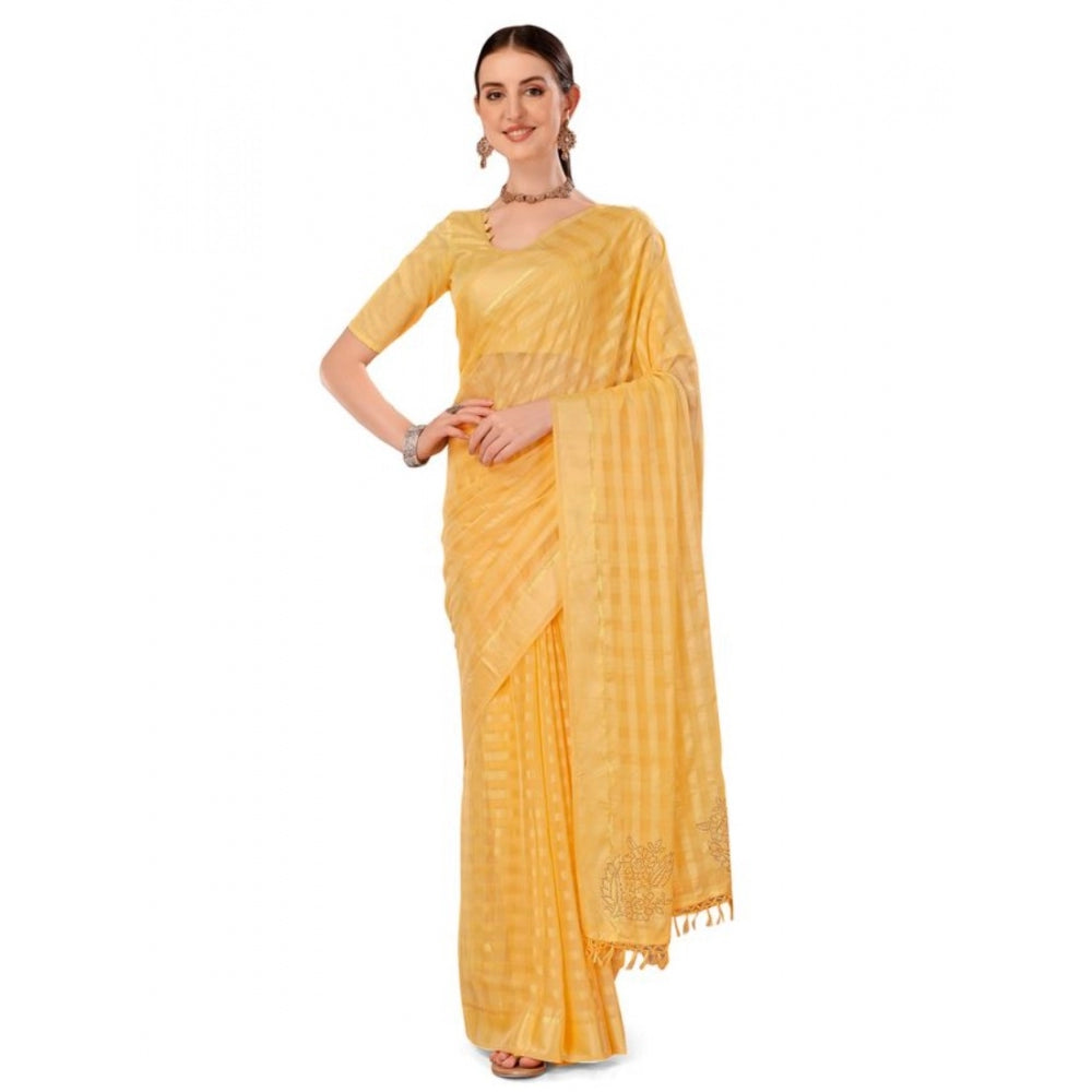 Generic Women's Chiffon Fabric Line Saree With Unstitched Blouse (Yellow, 5-6 Mtrs) - Noble Nook