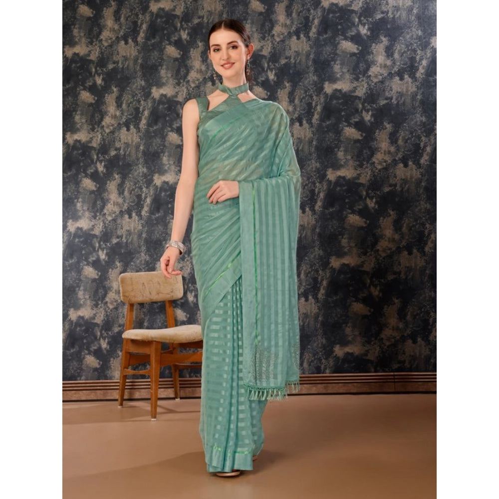 Generic Women's Chiffon Fabric Line Saree With Unstitched Blouse (Turquoise green, 5-6 Mtrs) - Noble Nook