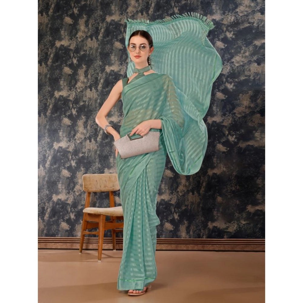 Generic Women's Chiffon Fabric Line Saree With Unstitched Blouse (Turquoise green, 5-6 Mtrs) - Noble Nook