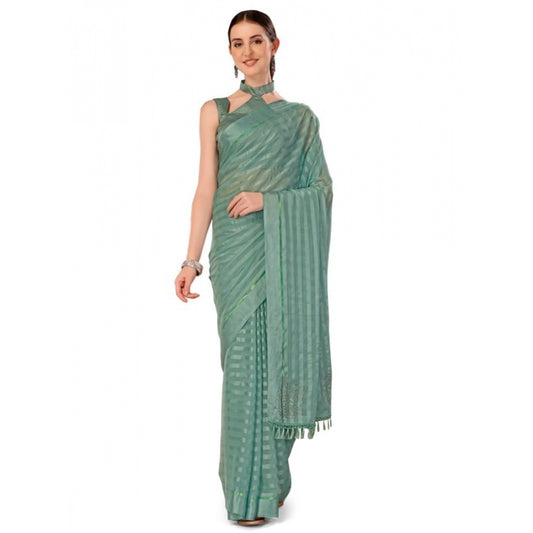 Generic Women's Chiffon Fabric Line Saree With Unstitched Blouse (Turquoise green, 5-6 Mtrs) - Noble Nook