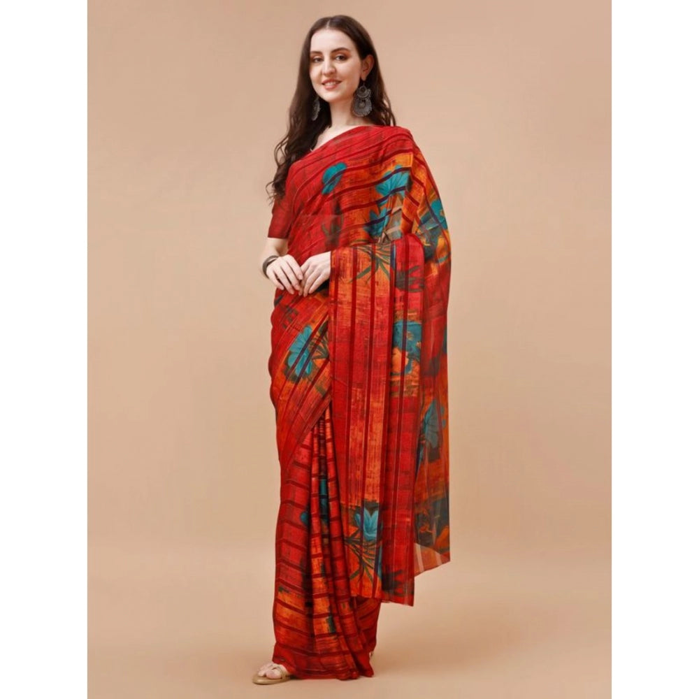 Generic Women's Georgette Floral Printed Saree With Unstitched Blouse (Maroon, 5-6 Mtrs) - Noble Nook