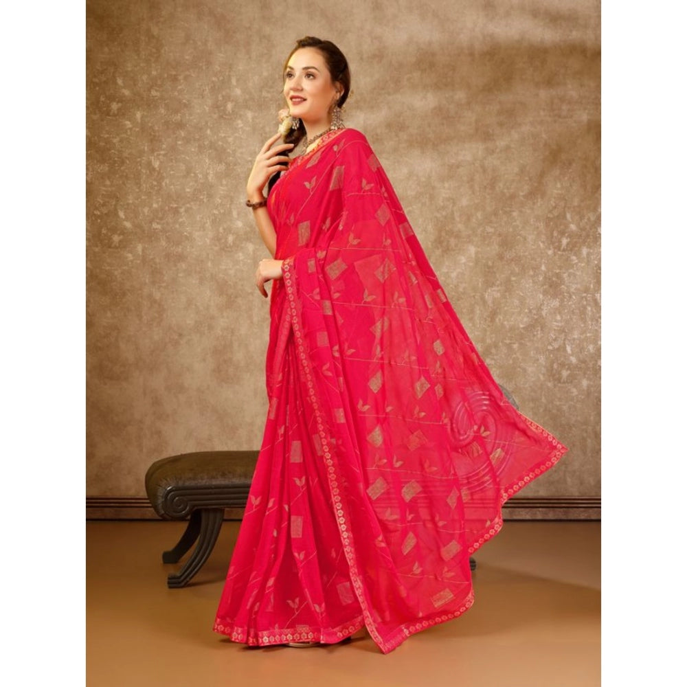 Generic Women's Zomto Patta Chiffon Saree With Unstitched Blouse (Pink, 5-6 Mtrs) - Noble Nook