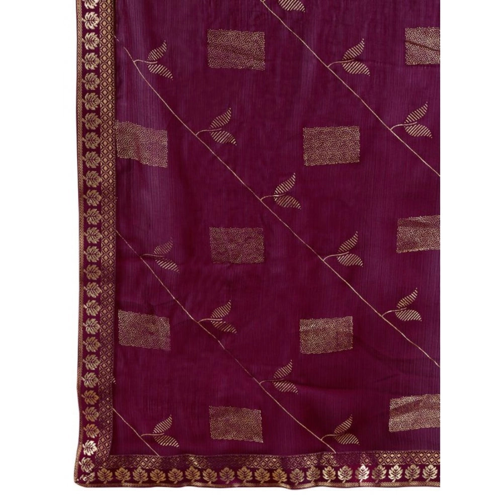 Generic Women's Zomto Patta Chiffon Saree With Unstitched Blouse (Wine, 5-6 Mtrs) - Noble Nook