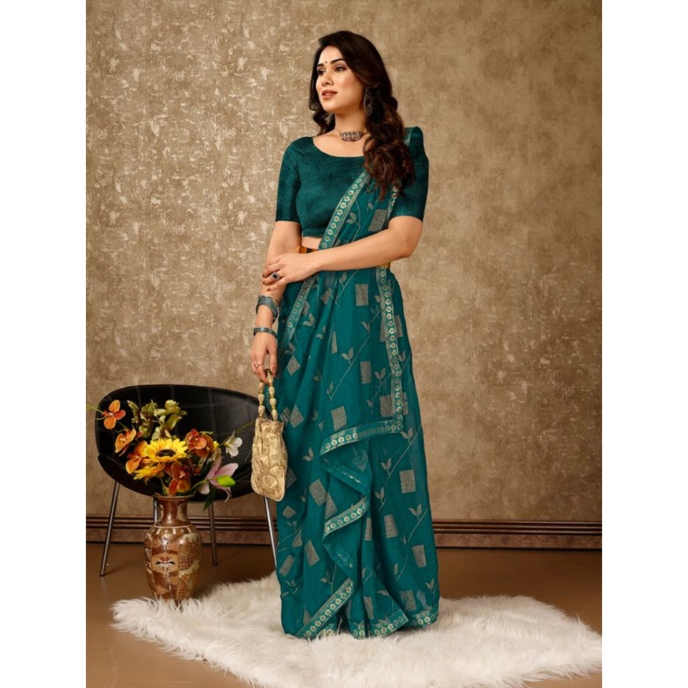 Generic Women's Zomto Patta Chiffon Saree With Unstitched Blouse (Teal Blue, 5-6 Mtrs) - Noble Nook