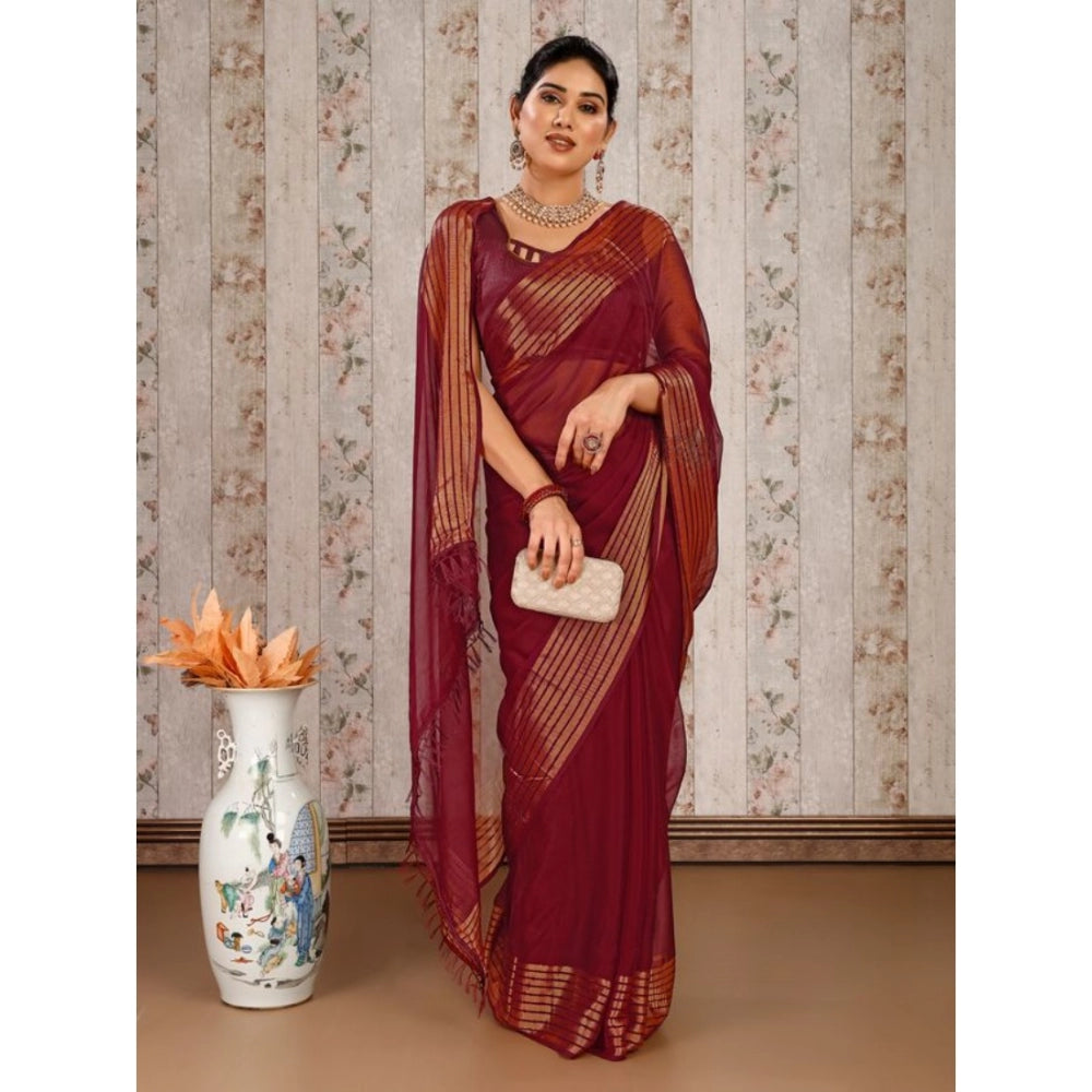 Generic Women's Chiffon Fabric Plain Saree With Unstitched Blouse (Maroon, 5-6 Mtrs) - Noble Nook