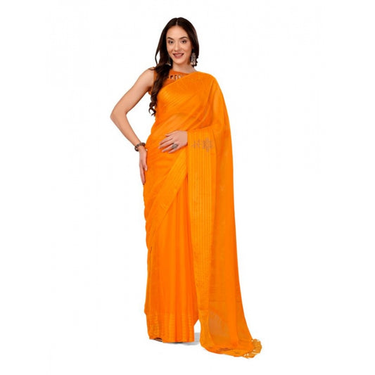 Generic Women's Chiffon Fabric Plain Saree With Unstitched Blouse (Yellow, 5-6 Mtrs) - Noble Nook