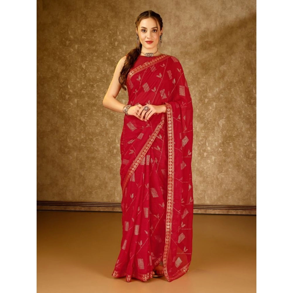 Generic Women's Zomto Patta Chiffon Saree With Unstitched Blouse (Red, 5-6 Mtrs) - Noble Nook